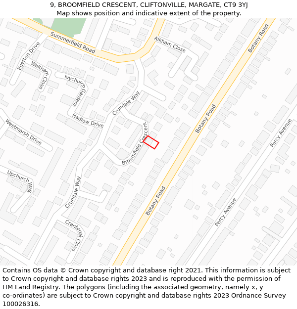 9, BROOMFIELD CRESCENT, CLIFTONVILLE, MARGATE, CT9 3YJ: Location map and indicative extent of plot