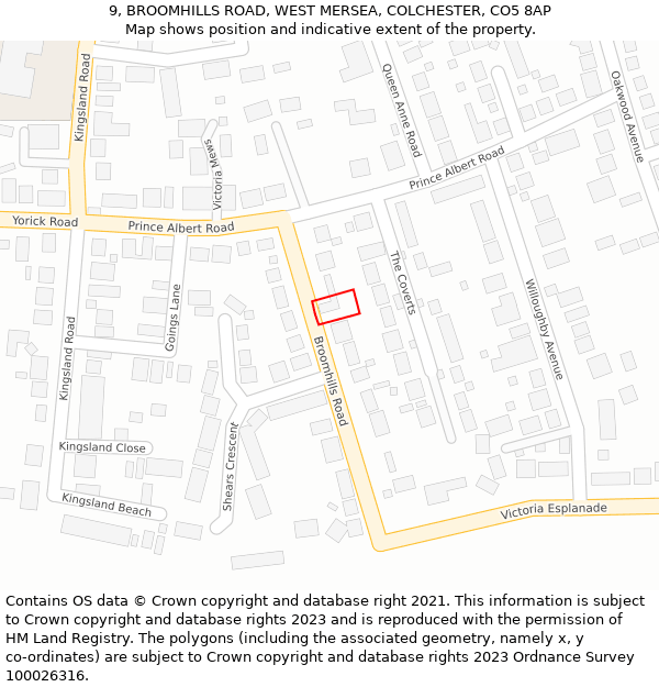 9, BROOMHILLS ROAD, WEST MERSEA, COLCHESTER, CO5 8AP: Location map and indicative extent of plot