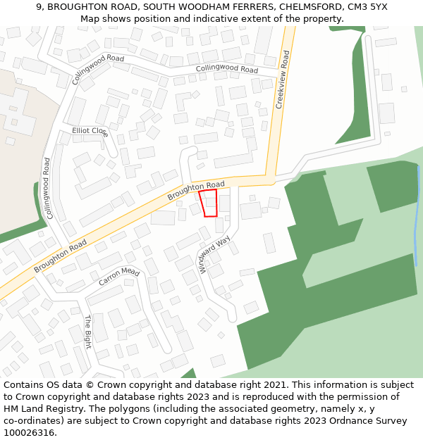 9, BROUGHTON ROAD, SOUTH WOODHAM FERRERS, CHELMSFORD, CM3 5YX: Location map and indicative extent of plot