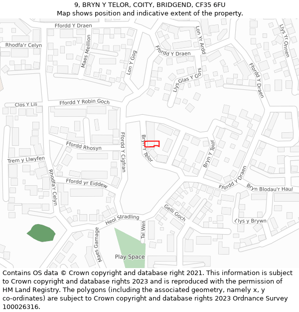 9, BRYN Y TELOR, COITY, BRIDGEND, CF35 6FU: Location map and indicative extent of plot