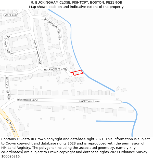 9, BUCKINGHAM CLOSE, FISHTOFT, BOSTON, PE21 9QB: Location map and indicative extent of plot