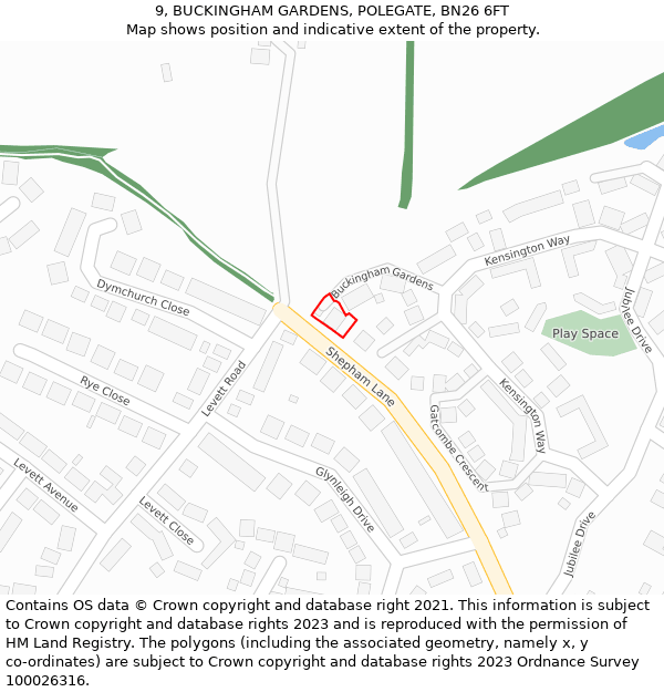 9, BUCKINGHAM GARDENS, POLEGATE, BN26 6FT: Location map and indicative extent of plot