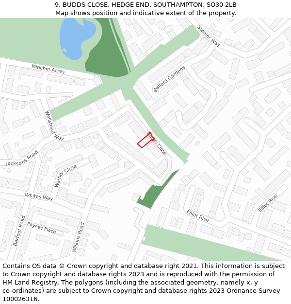 9, BUDDS CLOSE, HEDGE END, SOUTHAMPTON, SO30 2LB: Location map and indicative extent of plot