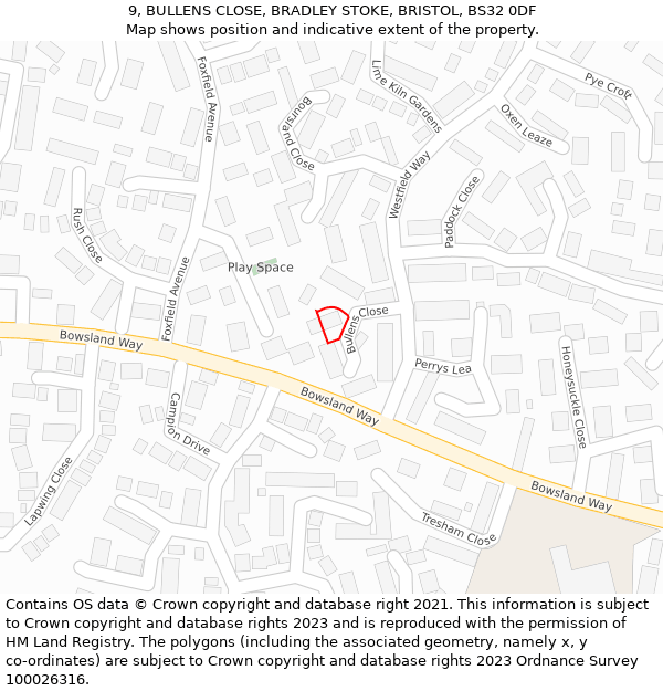 9, BULLENS CLOSE, BRADLEY STOKE, BRISTOL, BS32 0DF: Location map and indicative extent of plot