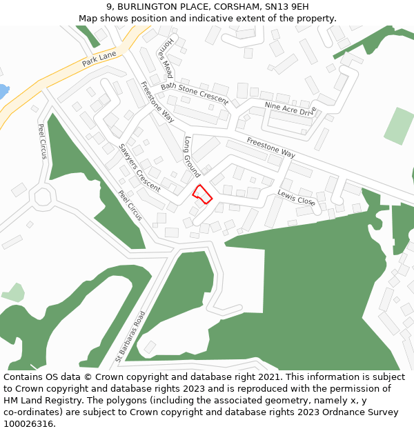 9, BURLINGTON PLACE, CORSHAM, SN13 9EH: Location map and indicative extent of plot