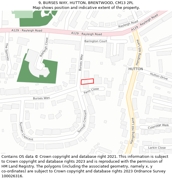 9, BURSES WAY, HUTTON, BRENTWOOD, CM13 2PL: Location map and indicative extent of plot