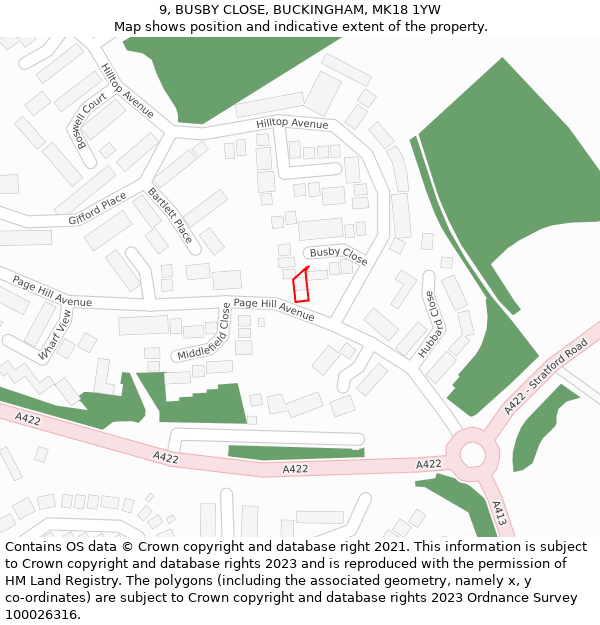 9, BUSBY CLOSE, BUCKINGHAM, MK18 1YW: Location map and indicative extent of plot