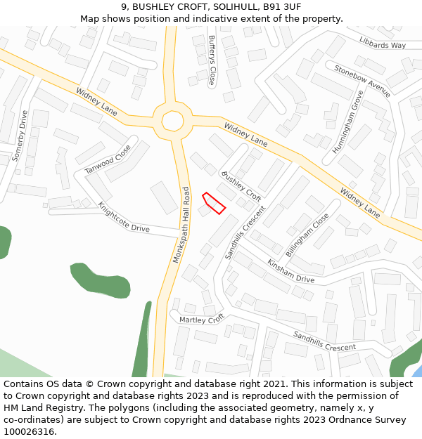 9, BUSHLEY CROFT, SOLIHULL, B91 3UF: Location map and indicative extent of plot