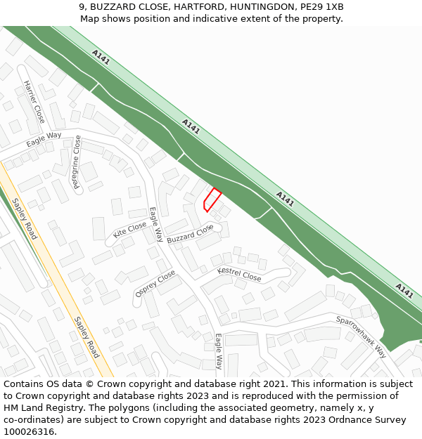 9, BUZZARD CLOSE, HARTFORD, HUNTINGDON, PE29 1XB: Location map and indicative extent of plot