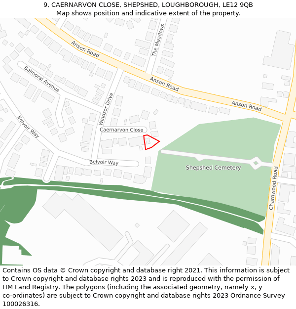 9, CAERNARVON CLOSE, SHEPSHED, LOUGHBOROUGH, LE12 9QB: Location map and indicative extent of plot