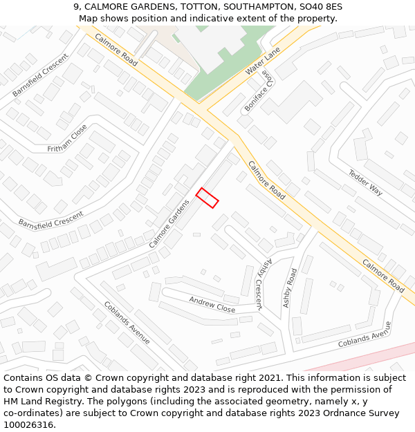 9, CALMORE GARDENS, TOTTON, SOUTHAMPTON, SO40 8ES: Location map and indicative extent of plot