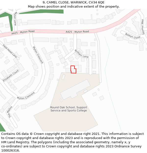 9, CAMEL CLOSE, WARWICK, CV34 6QE: Location map and indicative extent of plot