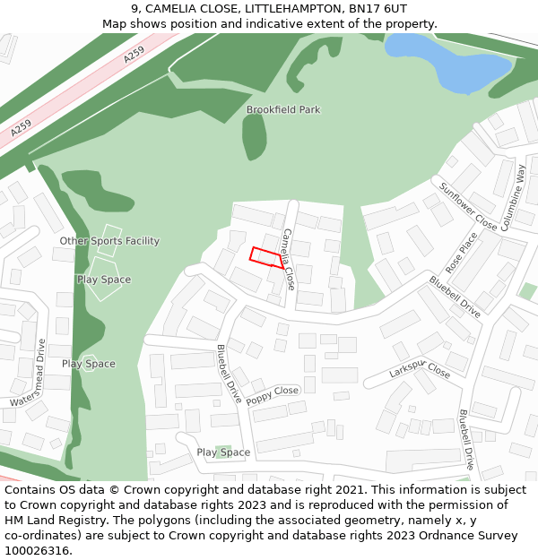 9, CAMELIA CLOSE, LITTLEHAMPTON, BN17 6UT: Location map and indicative extent of plot