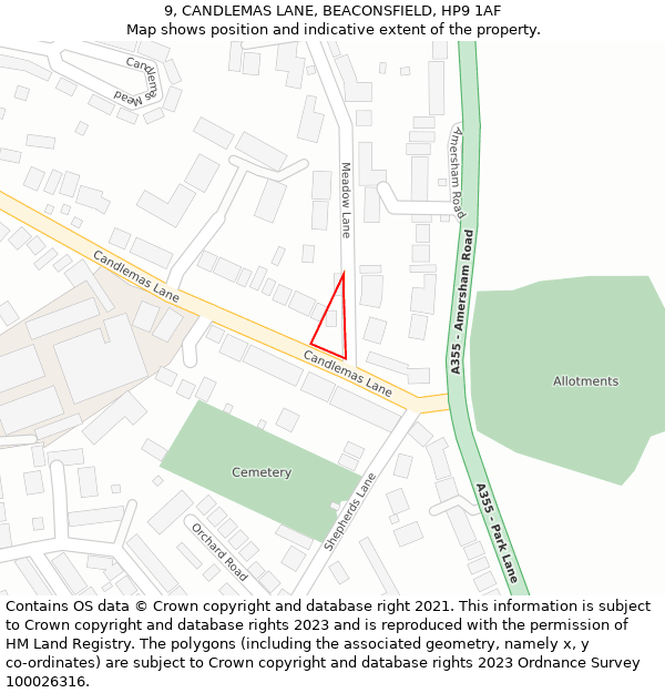 9, CANDLEMAS LANE, BEACONSFIELD, HP9 1AF: Location map and indicative extent of plot