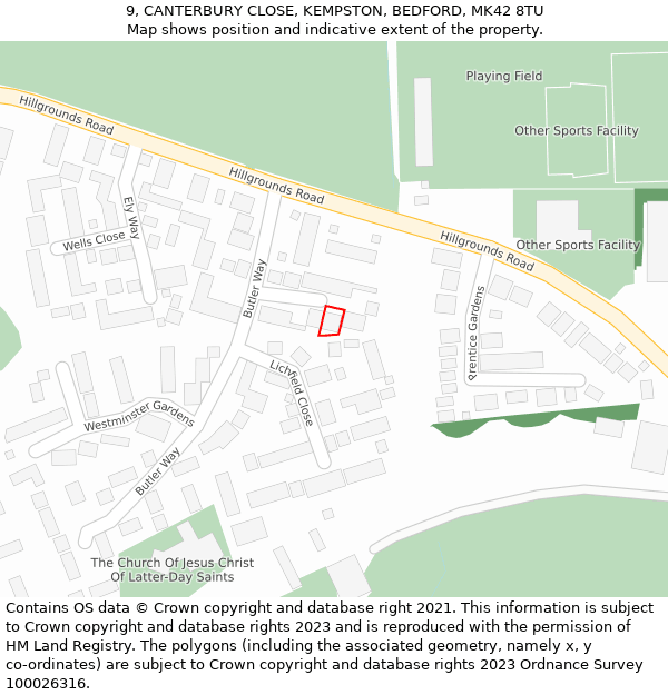 9, CANTERBURY CLOSE, KEMPSTON, BEDFORD, MK42 8TU: Location map and indicative extent of plot