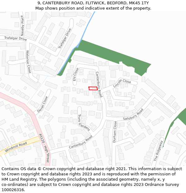 9, CANTERBURY ROAD, FLITWICK, BEDFORD, MK45 1TY: Location map and indicative extent of plot