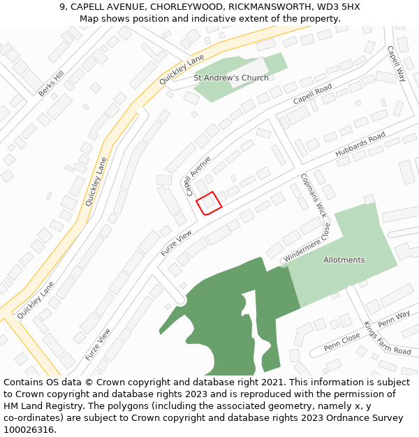 9, CAPELL AVENUE, CHORLEYWOOD, RICKMANSWORTH, WD3 5HX: Location map and indicative extent of plot
