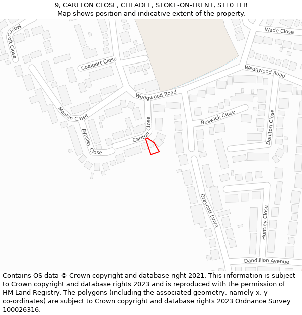 9, CARLTON CLOSE, CHEADLE, STOKE-ON-TRENT, ST10 1LB: Location map and indicative extent of plot
