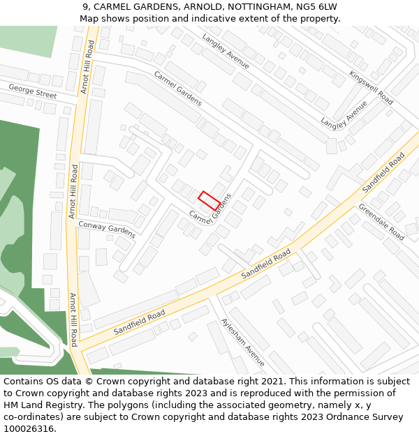 9, CARMEL GARDENS, ARNOLD, NOTTINGHAM, NG5 6LW: Location map and indicative extent of plot