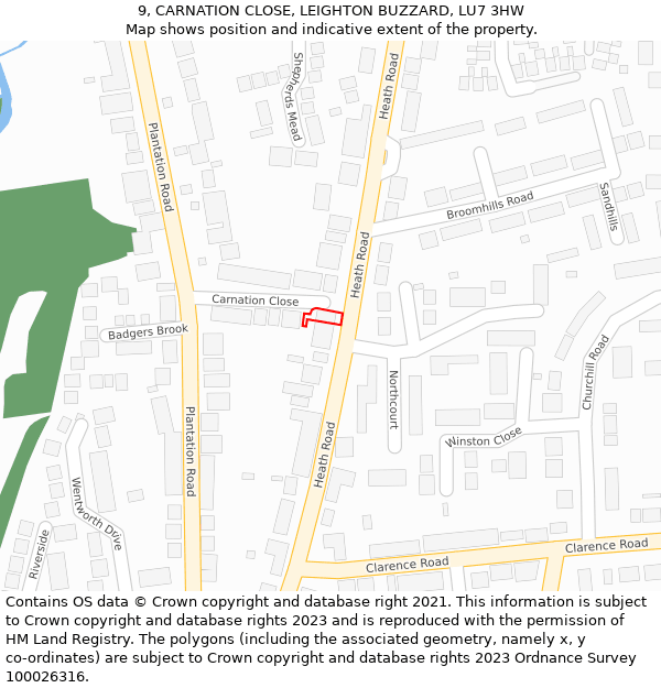 9, CARNATION CLOSE, LEIGHTON BUZZARD, LU7 3HW: Location map and indicative extent of plot