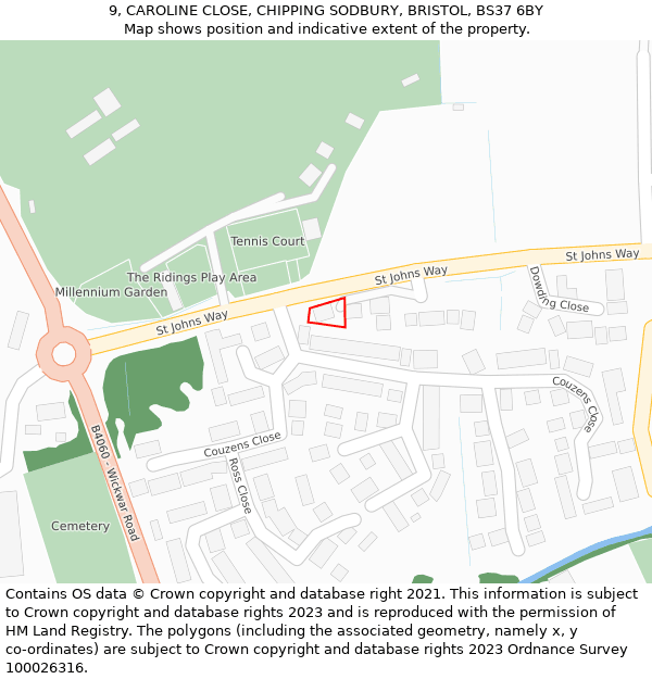 9, CAROLINE CLOSE, CHIPPING SODBURY, BRISTOL, BS37 6BY: Location map and indicative extent of plot