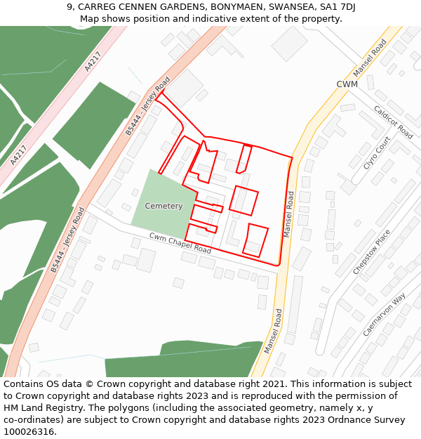 9, CARREG CENNEN GARDENS, BONYMAEN, SWANSEA, SA1 7DJ: Location map and indicative extent of plot