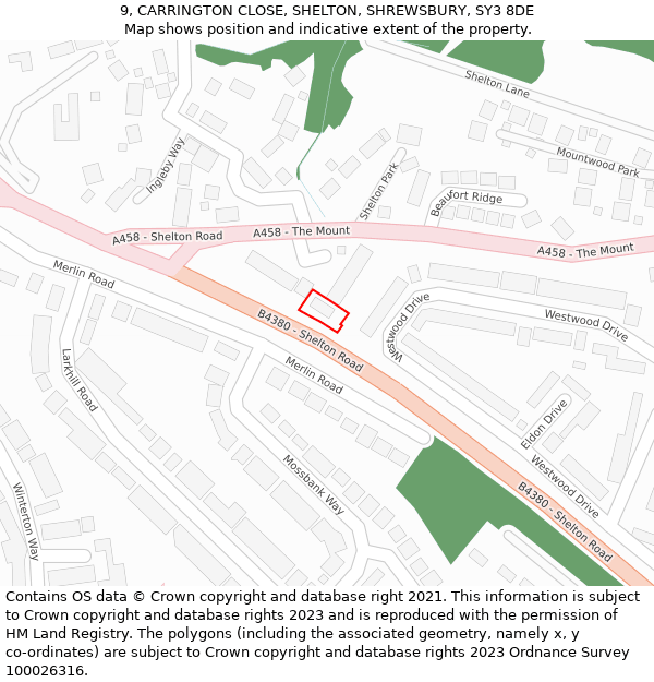 9, CARRINGTON CLOSE, SHELTON, SHREWSBURY, SY3 8DE: Location map and indicative extent of plot