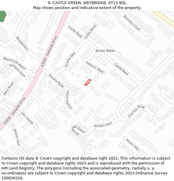 9, CASTLE GREEN, WEYBRIDGE, KT13 9QL: Location map and indicative extent of plot