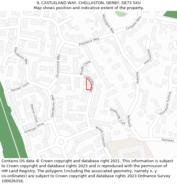 9, CASTLELAND WAY, CHELLASTON, DERBY, DE73 5XU: Location map and indicative extent of plot