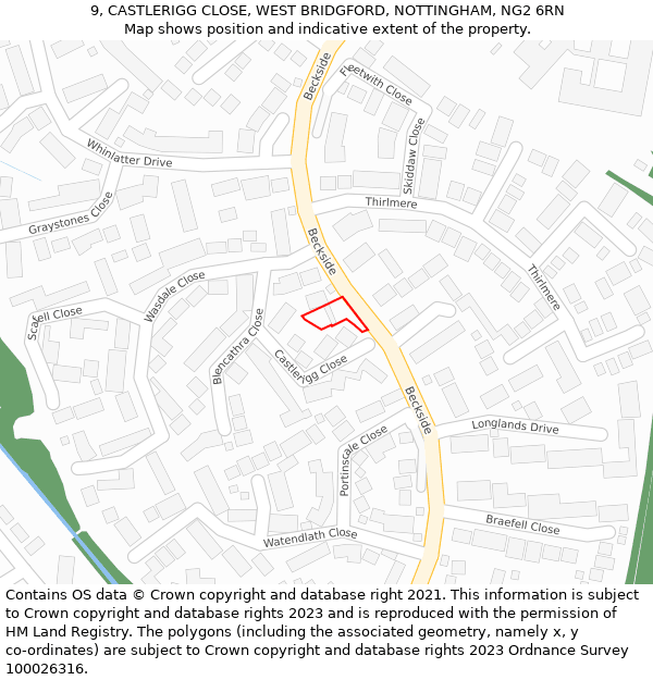 9, CASTLERIGG CLOSE, WEST BRIDGFORD, NOTTINGHAM, NG2 6RN: Location map and indicative extent of plot