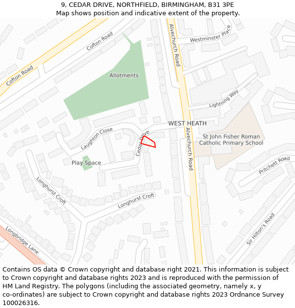 9, CEDAR DRIVE, NORTHFIELD, BIRMINGHAM, B31 3PE: Location map and indicative extent of plot