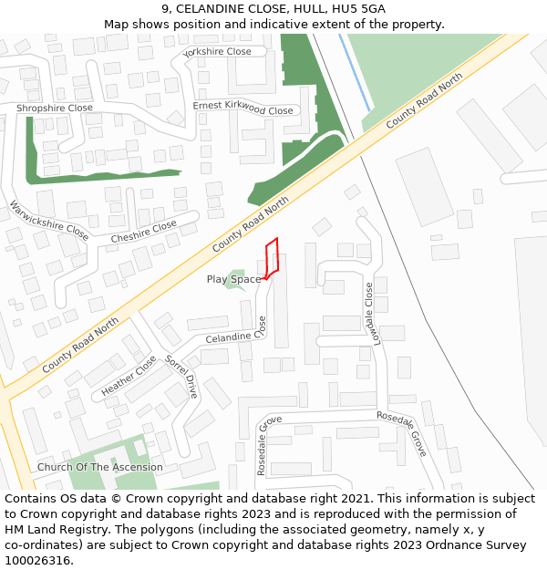 9, CELANDINE CLOSE, HULL, HU5 5GA: Location map and indicative extent of plot