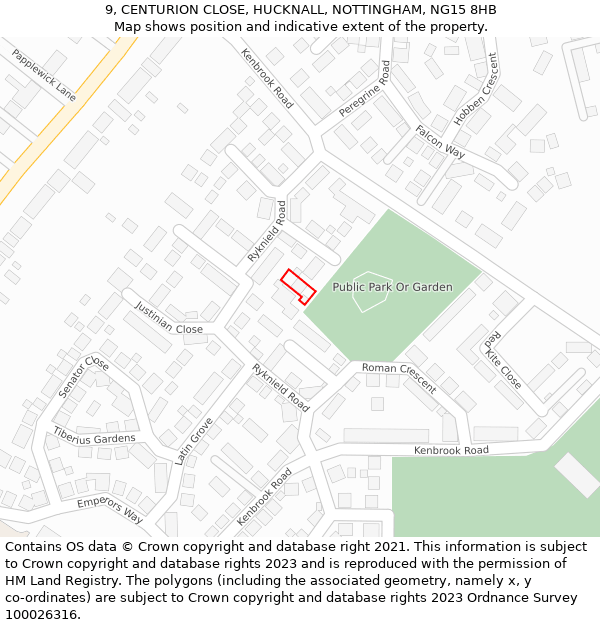 9, CENTURION CLOSE, HUCKNALL, NOTTINGHAM, NG15 8HB: Location map and indicative extent of plot