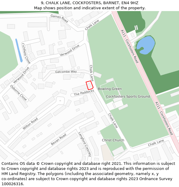 9, CHALK LANE, COCKFOSTERS, BARNET, EN4 9HZ: Location map and indicative extent of plot