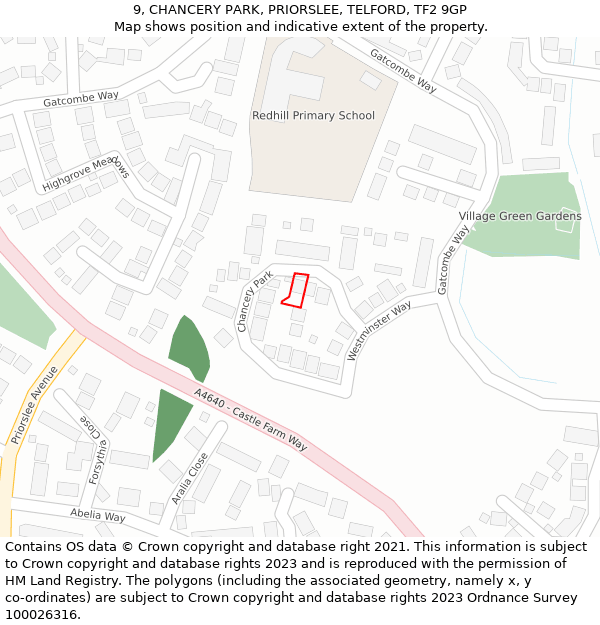 9, CHANCERY PARK, PRIORSLEE, TELFORD, TF2 9GP: Location map and indicative extent of plot