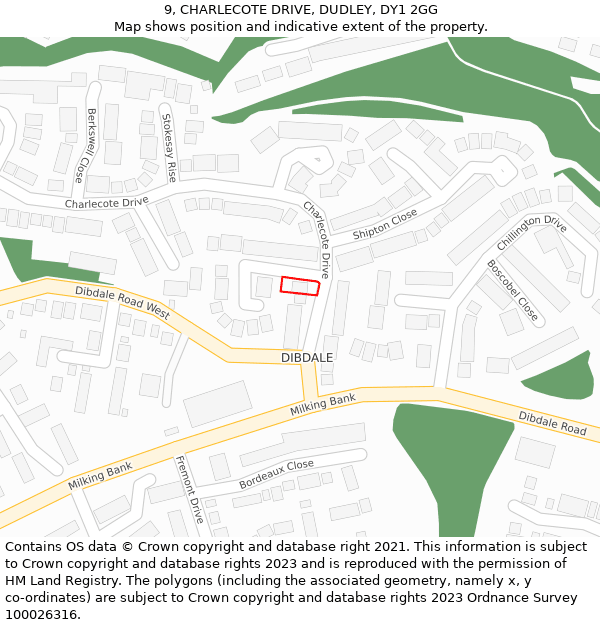 9, CHARLECOTE DRIVE, DUDLEY, DY1 2GG: Location map and indicative extent of plot