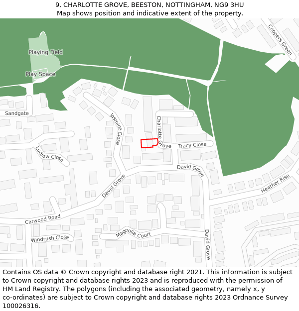 9, CHARLOTTE GROVE, BEESTON, NOTTINGHAM, NG9 3HU: Location map and indicative extent of plot