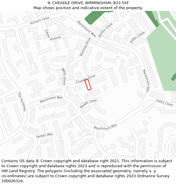 9, CHEADLE DRIVE, BIRMINGHAM, B23 5XF: Location map and indicative extent of plot