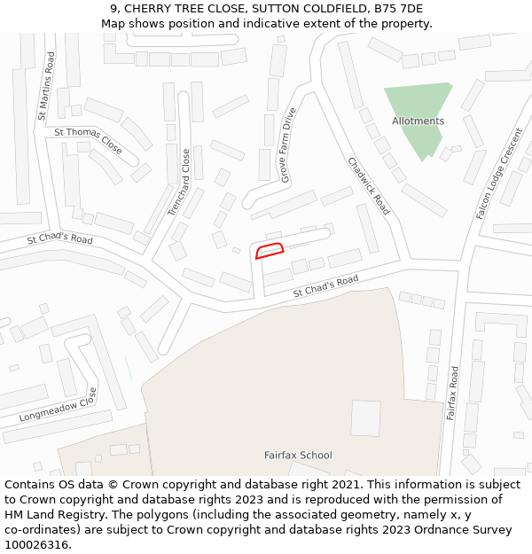 9, CHERRY TREE CLOSE, SUTTON COLDFIELD, B75 7DE: Location map and indicative extent of plot