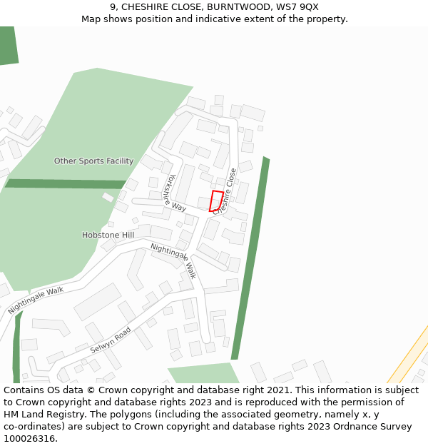 9, CHESHIRE CLOSE, BURNTWOOD, WS7 9QX: Location map and indicative extent of plot