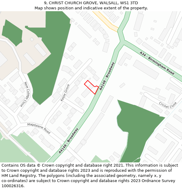 9, CHRIST CHURCH GROVE, WALSALL, WS1 3TD: Location map and indicative extent of plot