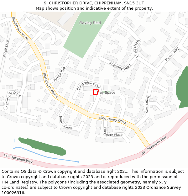9, CHRISTOPHER DRIVE, CHIPPENHAM, SN15 3UT: Location map and indicative extent of plot