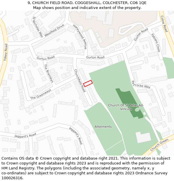 9, CHURCH FIELD ROAD, COGGESHALL, COLCHESTER, CO6 1QE: Location map and indicative extent of plot