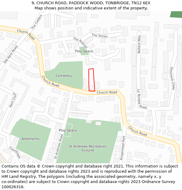 9, CHURCH ROAD, PADDOCK WOOD, TONBRIDGE, TN12 6EX: Location map and indicative extent of plot