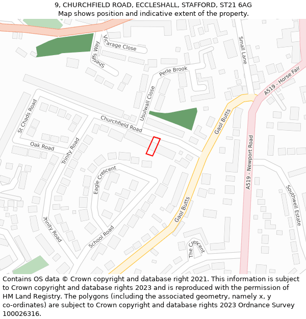 9, CHURCHFIELD ROAD, ECCLESHALL, STAFFORD, ST21 6AG: Location map and indicative extent of plot