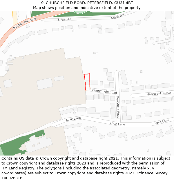 9, CHURCHFIELD ROAD, PETERSFIELD, GU31 4BT: Location map and indicative extent of plot