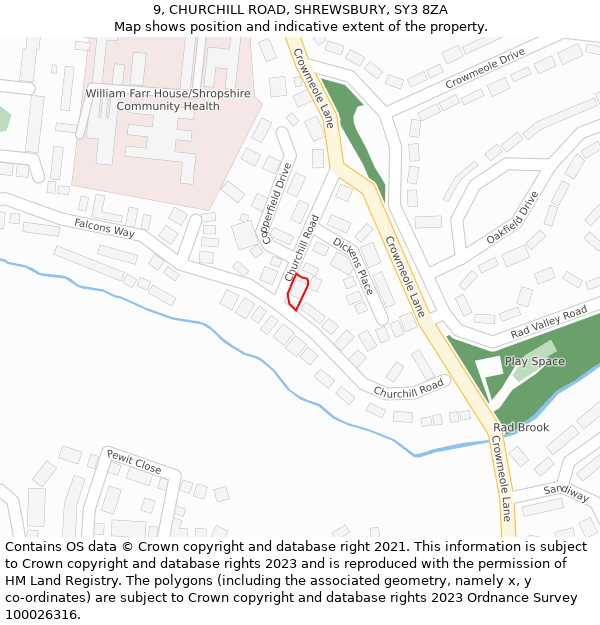 9, CHURCHILL ROAD, SHREWSBURY, SY3 8ZA: Location map and indicative extent of plot