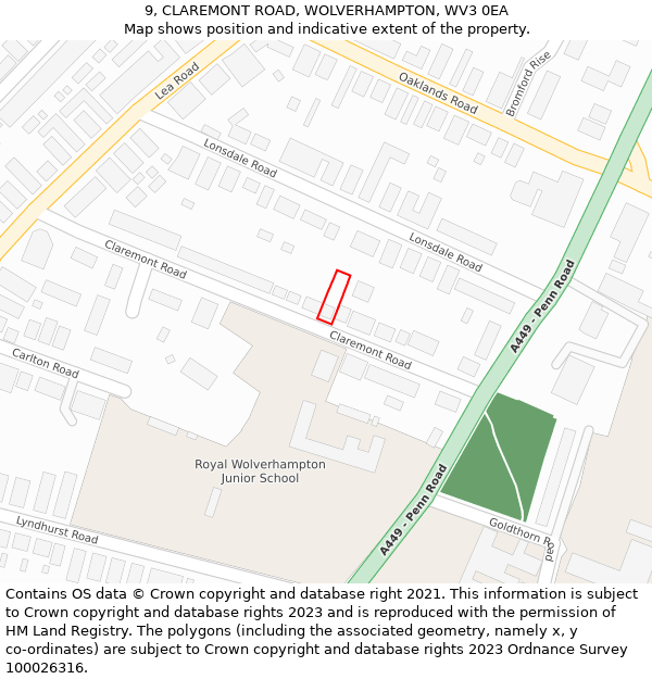 9, CLAREMONT ROAD, WOLVERHAMPTON, WV3 0EA: Location map and indicative extent of plot