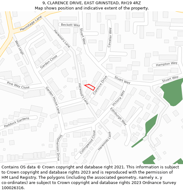 9, CLARENCE DRIVE, EAST GRINSTEAD, RH19 4RZ: Location map and indicative extent of plot