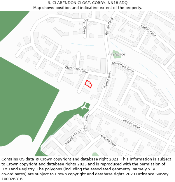 9, CLARENDON CLOSE, CORBY, NN18 8DQ: Location map and indicative extent of plot